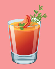 Refreshing glass of savory gazpacho or pepper juice garnished with a chili slice and fresh parsley, perfect for a spicy drink - Vector Illustration

