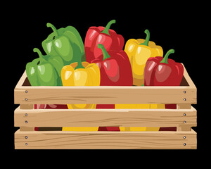 Rustic wooden crate overflowing with a bountiful harvest of fresh red, yellow, and green bell peppers from the garden - Vector Illustration
