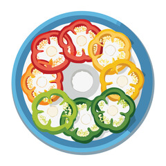 Circular arrangement of vibrant red, yellow, and green bell pepper slices on a plate, ideal for a colorful appetizer or garnish - Vector Illustration