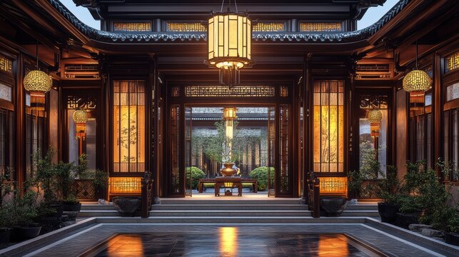 Traditional Chinese courtyard with wood pillars
