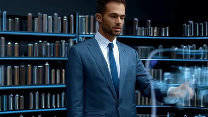 Lawyer consulting AI recommendations through a touchscreen interface organizing extensive legal resources for efficient research workflow.