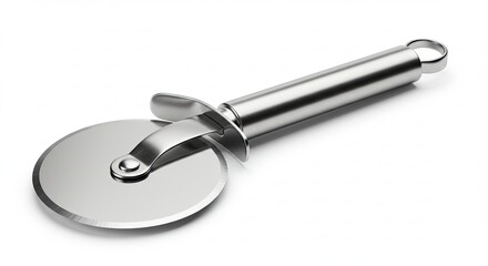 Stainless Steel Pizza Cutter with Handle on White Background.