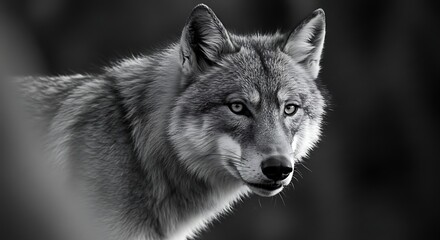Obraz premium Intense close up portrait of a gray wolf in black and white