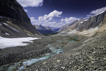 Alpine valley with turquoise glacial stream winding between steep rocky mountain slopes