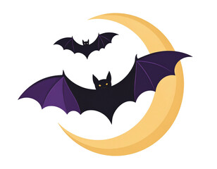 Animated Bats Flying In Front Of Yellow Crescent Moon Illustration On Transparent Background