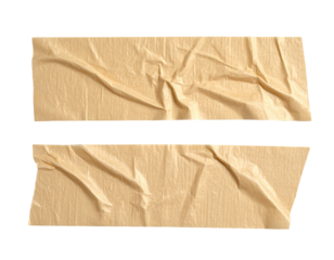 Two tan, crinkled adhesive strips, isolated on black background, angled edges