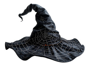 Isolated Black Witch Hat with Spiderweb Detailing and Halloween Theme on Transparent Background