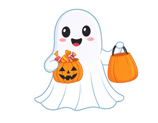 Smiling Ghost with Orange Pumpkin and Bag Against Transparent Background Celebrating Halloween