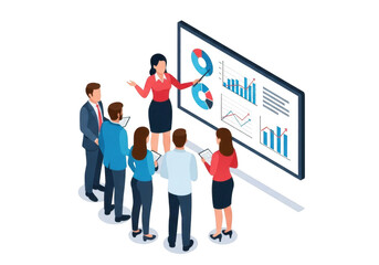 Business meeting with presentation and data charts isolated on transparent background