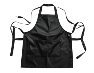 A plain, black, kitchen apron with a large central pocket and tie straps