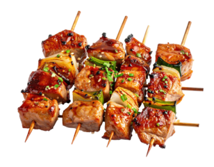 Skewers with grilled meat and vegetables, glazed with a glossy sauce