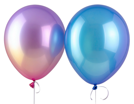 Two glossy balloons, one purple, one blue, with reflective surfaces