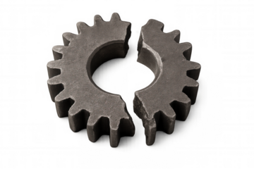 Broken metal gear mechanism separated in two pieces, illustrating system failure, problem, or malfunction on transparent background
