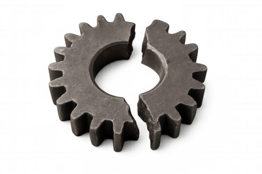 Broken metal gear mechanism separated in two pieces, illustrating system failure, problem, or malfunction on transparent background