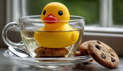 Yellow rubber duck floats in a teacup with cookies.