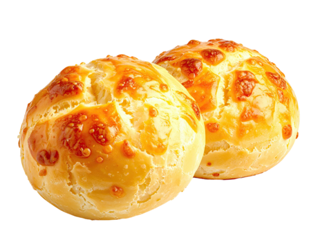 Two golden-brown cheesy buns, freshly baked with a slightly crusty top