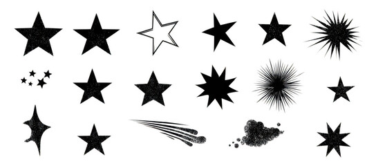 Obraz premium Stylized star icons in various shapes and sizes, including bursts and sparkles, create whimsical and dynamic visual effect. These vector graphics are perfect for design projects