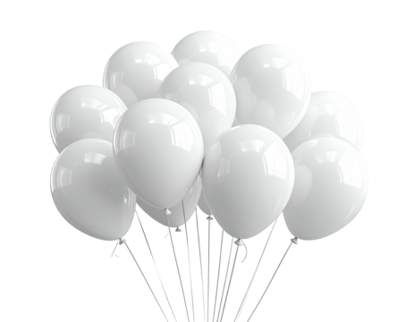 A glossy cluster of white balloons, tied and ready to float