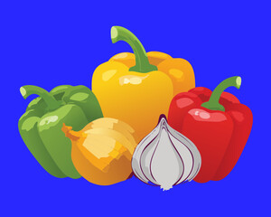 Assorted bell peppers (red, yellow, green) with a head of garlic and red onion, a vibrant and essential vegetable grouping - Vector Illustration	