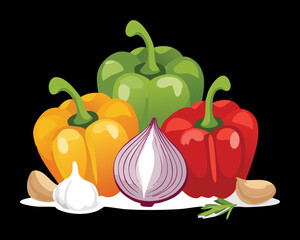 Colorful trio of bell peppers (red, yellow, green) with garlic and red onion on a wooden surface, essential cooking ingredients - Vector Illustration	