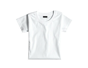 Flat lay of a pristine, short-sleeved white shirt with a classic crew neck
