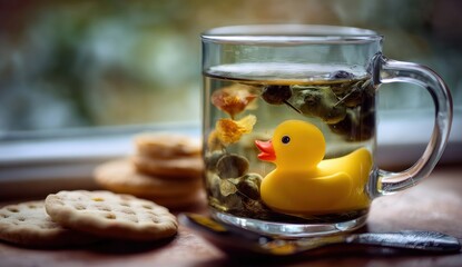 Yellow rubber duck in a glass mug of tea with biscuits.