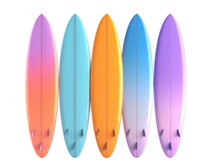 Five surfboards aligned vertically, each with a unique gradient hue and fins