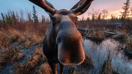 Close up of a large moose with antlers standing in a field at dusk with trees in the background