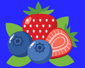 Detailed depiction of sliced and whole strawberries next to plump, dark blueberries, capturing the essence of a superfood mix - Vector Illustration