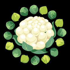 Arrangement of White Cauliflower Florets Surrounded by Small Green Brussels Sprouts, Excellent Winter Vegetables - Vector Illustration