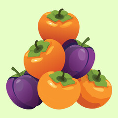 A Stack of Assorted Persimmons and Plums with a Tomato Base, Highlighting Fresh Autumn Fruit Harvest - Vector Illustration	