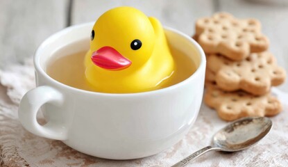 Yellow rubber duck floats in a white teacup.