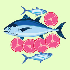 Fresh tuna fish surrounded by circular raw fillet cuts and a small schooling fish, symbolizing seafood preparation and cuisine - Vector Illustration.	