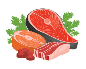 Stack of Fresh Raw Salmon and Beef Steaks Paired with Herbs and Spices for a Rich Protein Diet - Vector Illustration	