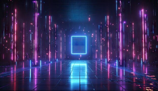 Neon-lit corridor, futuristic, glowing