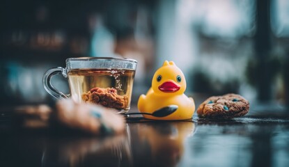 A cup of tea, a rubber duck, and cookies on a table.