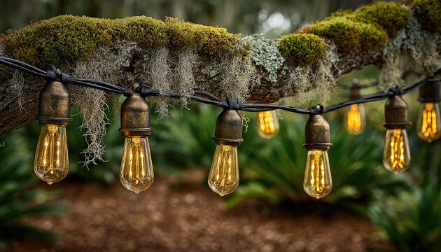 String lights on a mossy tree branch