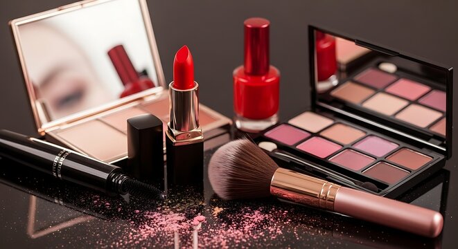 Makeup Products Displayed on Dark Surface.