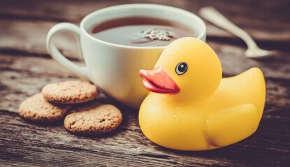 A cup of tea, biscuits, and a rubber duck on a wooden table.