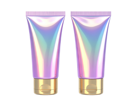 Two iridescent cosmetic cream tubes with gold caps, standing vertically