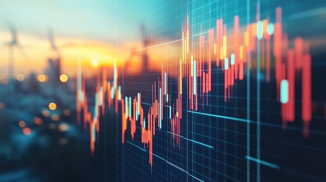 Financial data displayed on a screen, with a blurred cityscape and sunset background
