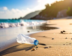 Obraz premium Plastic bottle waste on a beach at sunrise