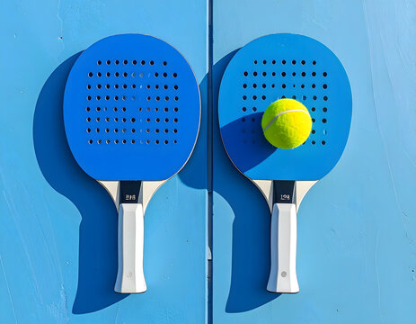 Padle rackets and ball against blue backdrop