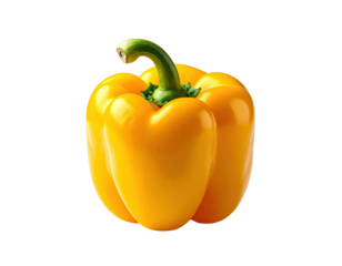 Bright yellow bell pepper with green stem against a transparent, black background