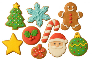 Fototapeta premium Assortment of gingerbread christmas cookies with colorful icing, including santa, snowman, tree, snowflake, and candy cane, on transparent background