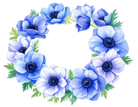 Watercolor wreath with delicate blue flowers, centered by a dark void, and green leaves - Powered by Adobe