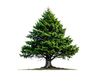 Isolated evergreen tree with lush green foliage and a textured trunk, black background