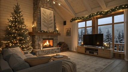 Cozy log cabin living room decorated for christmas with a fireplace and snowing trees visible through large windows