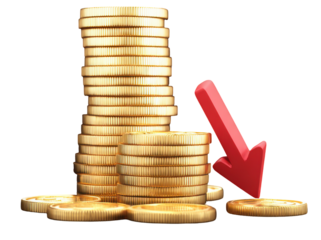 Coin Decline: A visual representation of financial downturn, with stacks of gold coins and a downward-pointing red arrow illustrating a loss in value.