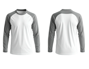 Front and back view of a long-sleeve raglan baseball shirt, white & gray